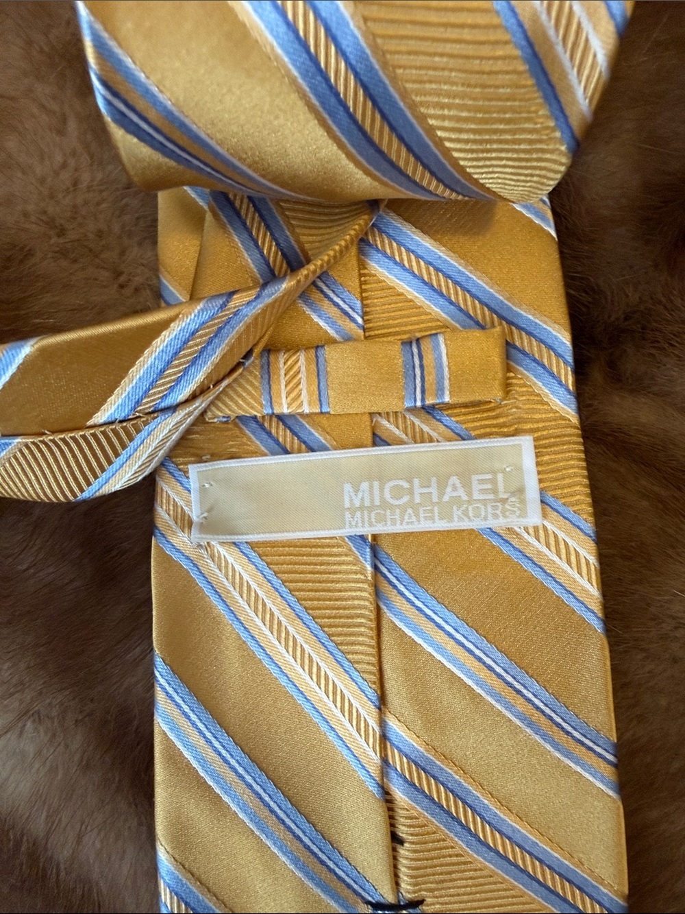 Michael Kors Yellow Stripe Silk Tie with Light Blue Accents - Picture 2 of 3